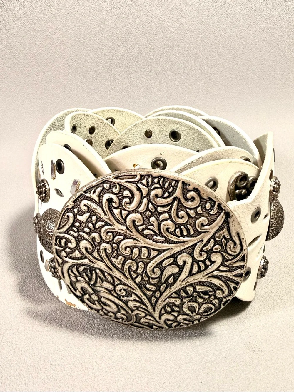 Vintage White Leather Wide Decorative Disc Belt with Silver Accents